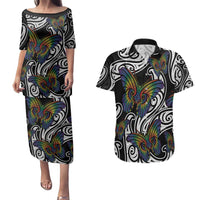 Aotearoa Takatapui Pride Couples Matching Puletasi and Hawaiian Shirt Rainbow Butterfly - Free To Love