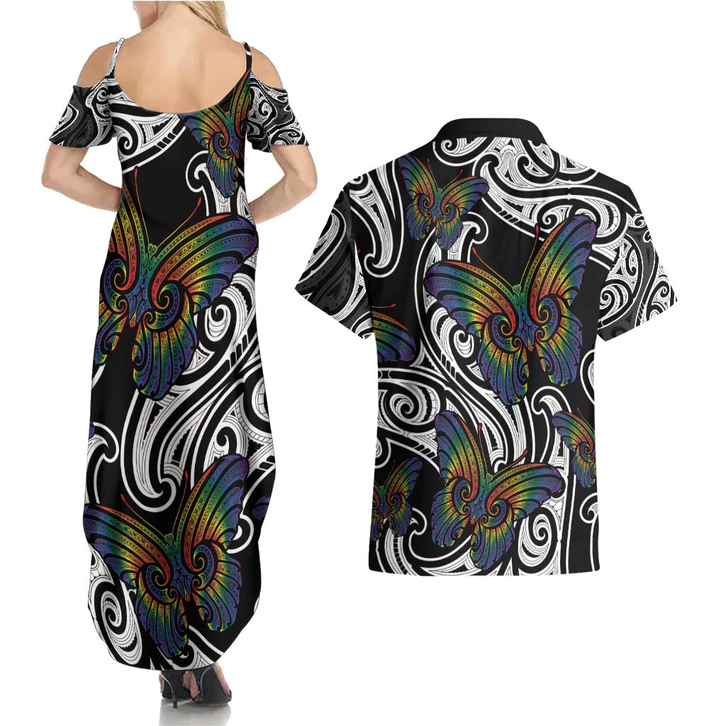 Aotearoa Takatapui Pride Couples Matching Summer Maxi Dress and Hawaiian Shirt Rainbow Butterfly - Free To Love