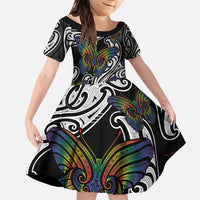 Aotearoa Takatapui Pride Family Matching Long Sleeve Bodycon Dress and Hawaiian Shirt Rainbow Butterfly - Free To Love LT7 Daughter's Dress Black - Polynesian Pride