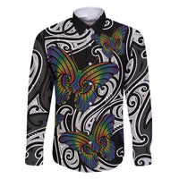Aotearoa Takatapui Pride Family Matching Mermaid Dress and Hawaiian Shirt Rainbow Butterfly - Free To Love LT7 Dad's Shirt - Long Sleeve Black - Polynesian Pride