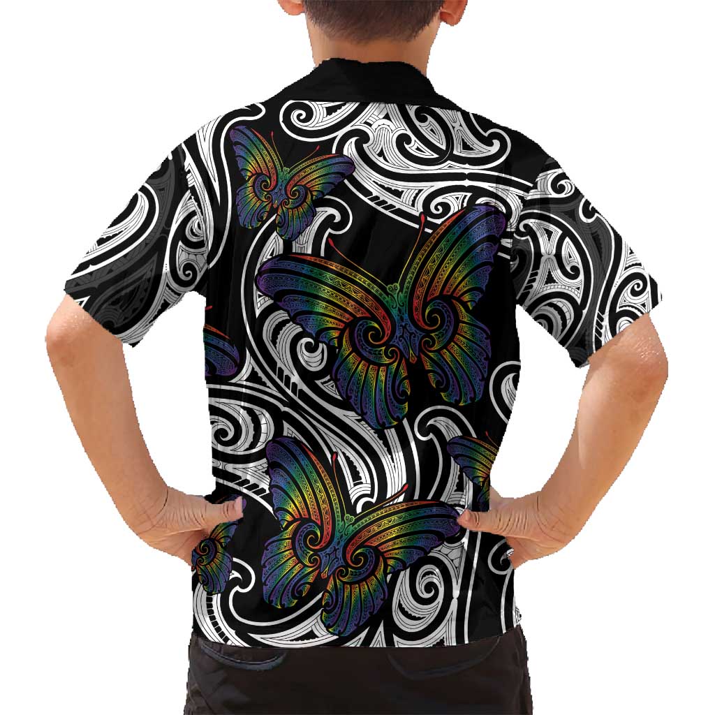 Aotearoa Takatapui Pride Family Matching Off Shoulder Short Dress and Hawaiian Shirt Rainbow Butterfly - Free To Love LT7 - Polynesian Pride