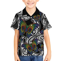 Aotearoa Takatapui Pride Family Matching Off Shoulder Short Dress and Hawaiian Shirt Rainbow Butterfly - Free To Love LT7 Son's Shirt Black - Polynesian Pride