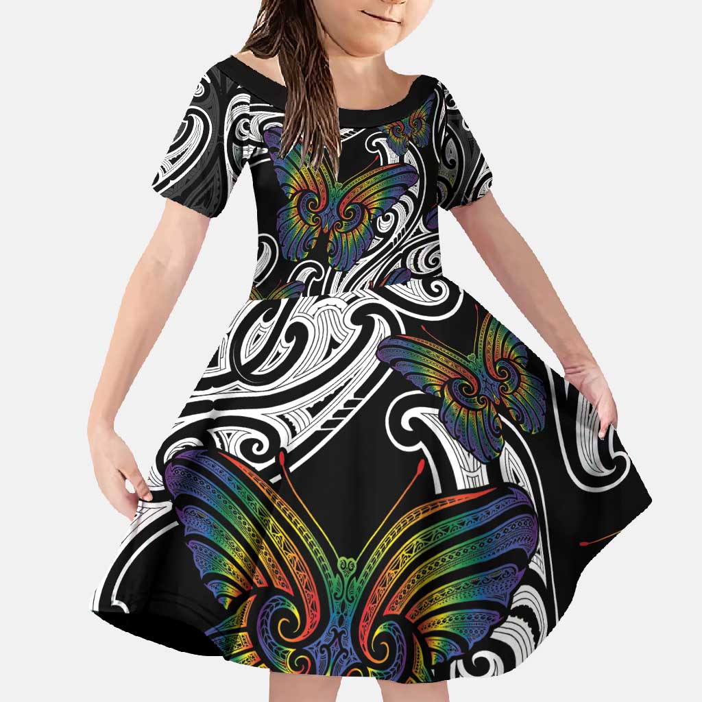 Aotearoa Takatapui Pride Family Matching Short Sleeve Bodycon Dress and Hawaiian Shirt Rainbow Butterfly - Free To Love LT7 Daughter's Dress Black - Polynesian Pride