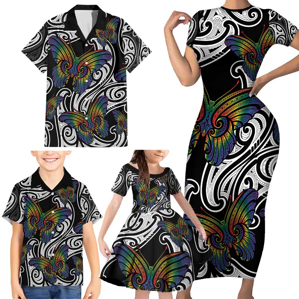 Aotearoa Takatapui Pride Family Matching Short Sleeve Bodycon Dress and Hawaiian Shirt Rainbow Butterfly - Free To Love