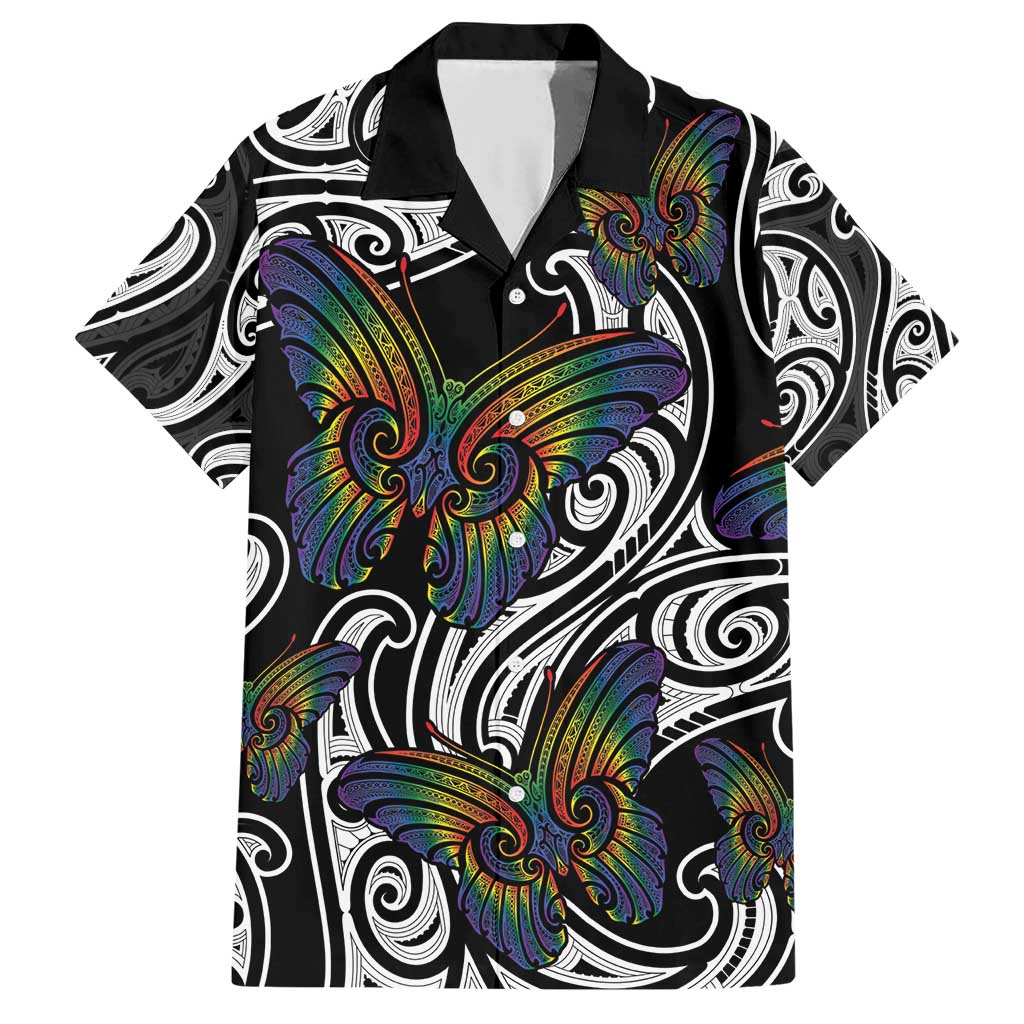 Aotearoa Takatapui Pride Family Matching Short Sleeve Bodycon Dress and Hawaiian Shirt Rainbow Butterfly - Free To Love LT7 Dad's Shirt - Short Sleeve Black - Polynesian Pride