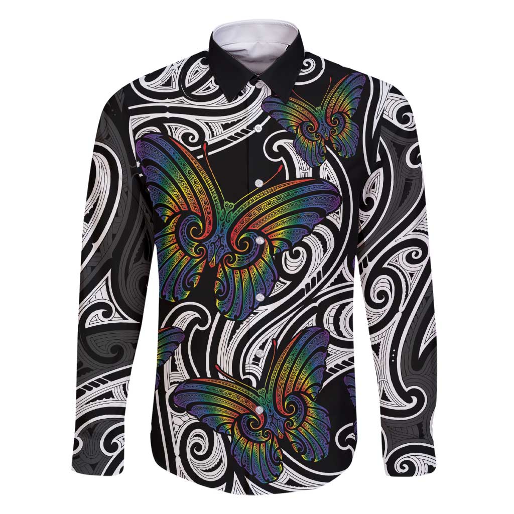 Aotearoa Takatapui Pride Family Matching Short Sleeve Bodycon Dress and Hawaiian Shirt Rainbow Butterfly - Free To Love LT7 Dad's Shirt - Long Sleeve Black - Polynesian Pride