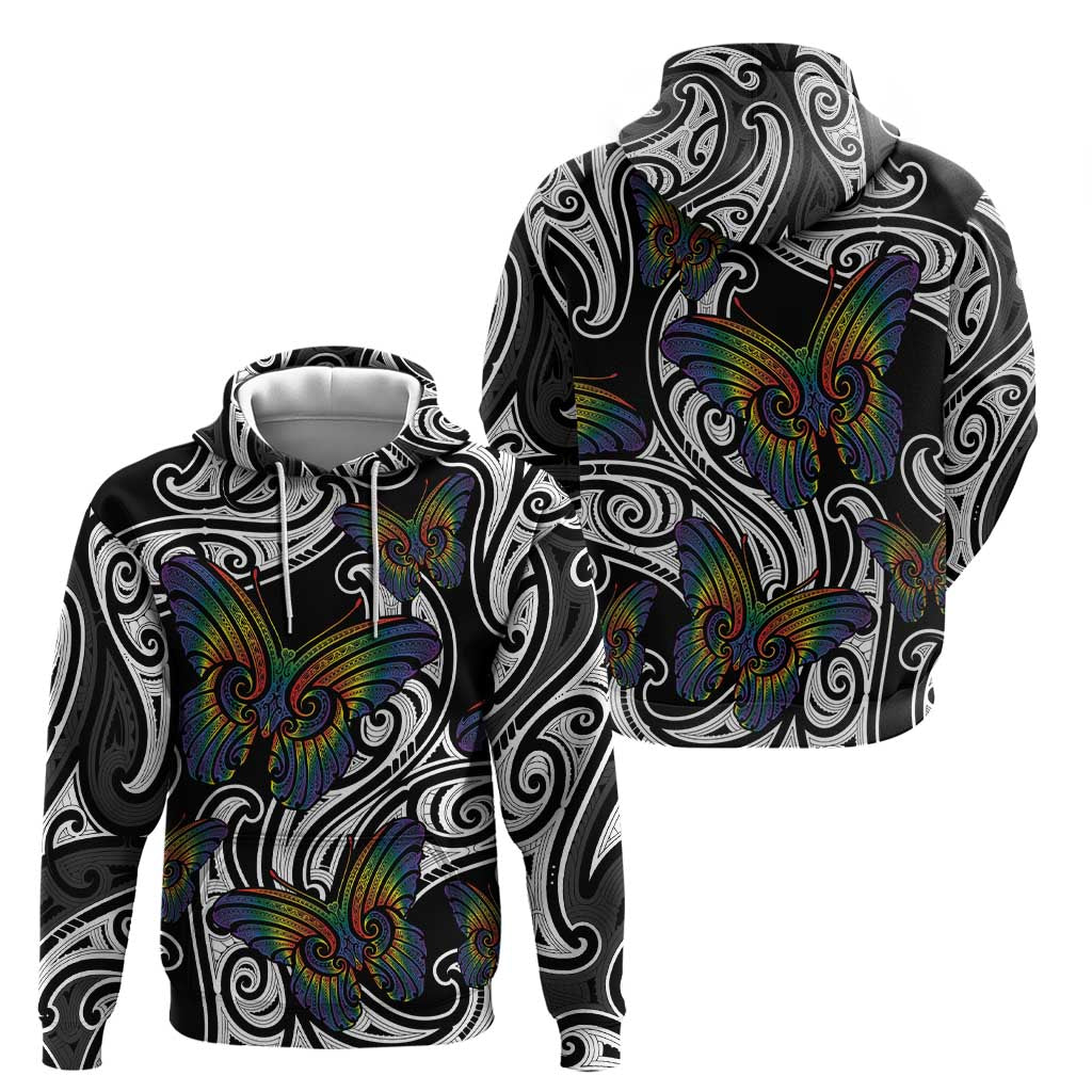 Aotearoa Takatapui Pride Hoodie Rainbow Butterfly - Free To Love