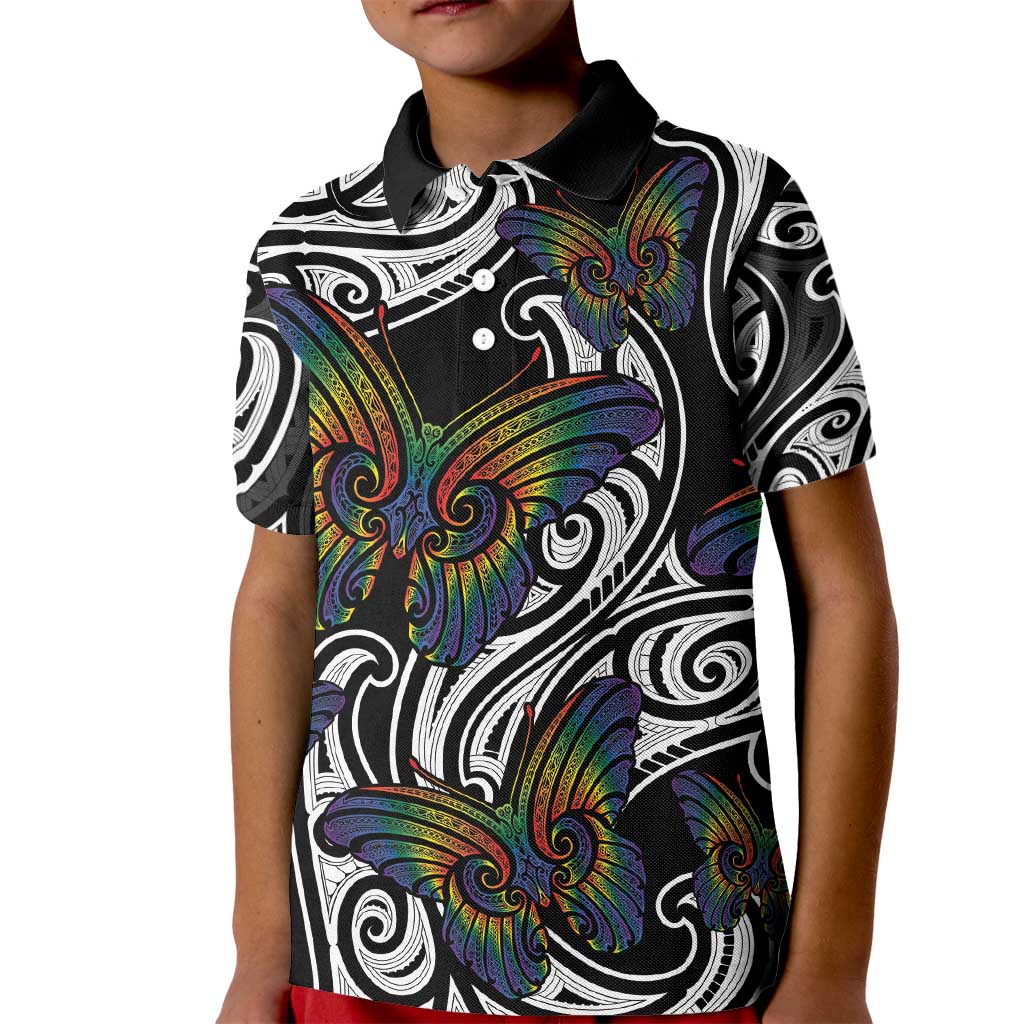 Aotearoa Takatapui Pride Kid Polo Shirt Rainbow Butterfly - Free To Love LT7 Kid Black - Polynesian Pride