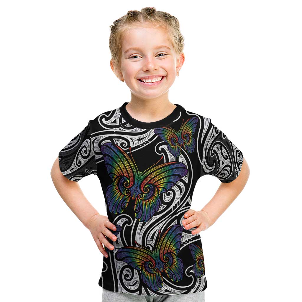 Aotearoa Takatapui Pride Kid T Shirt Rainbow Butterfly - Free To Love LT7 Black - Polynesian Pride