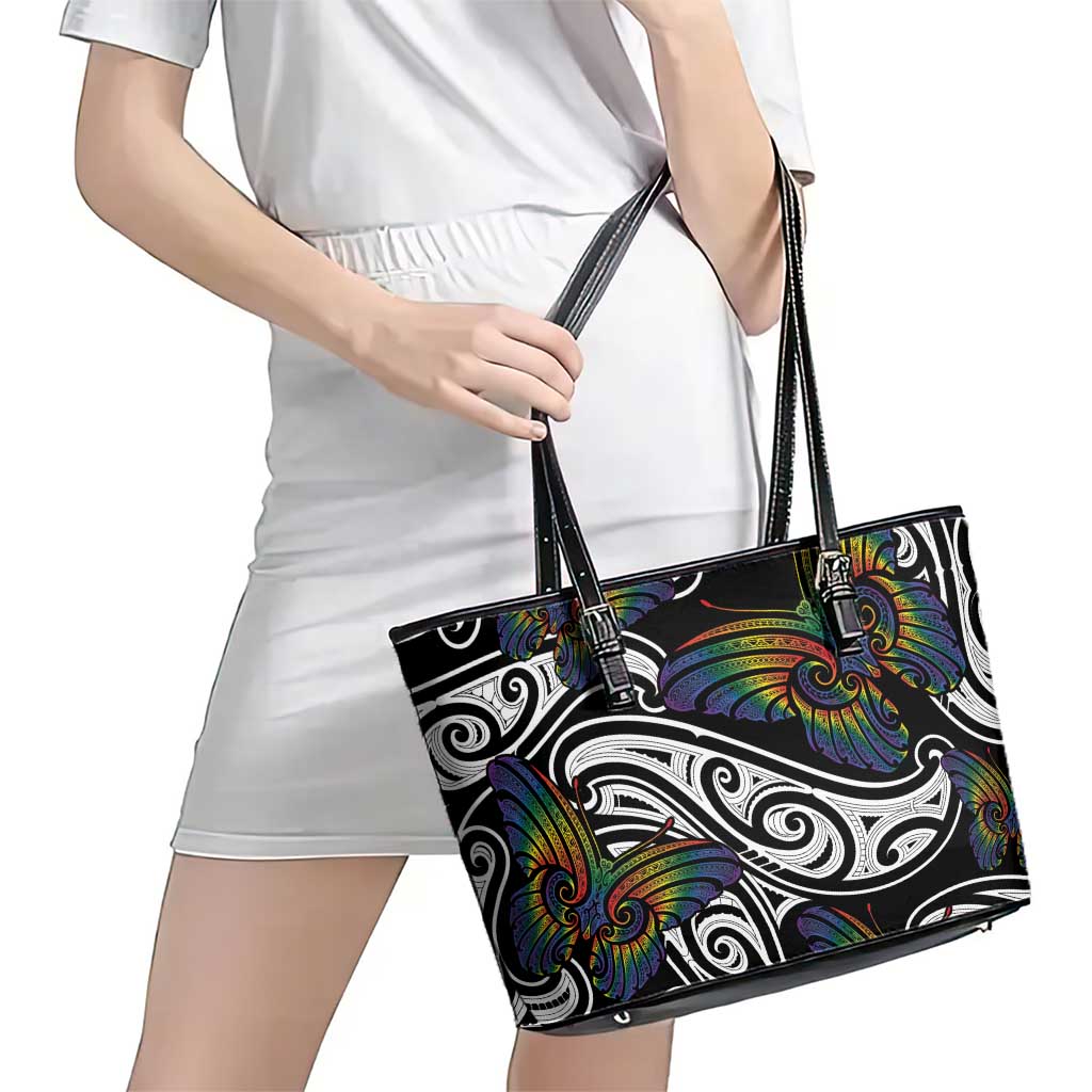 Aotearoa Takatapui Pride Leather Tote Bag Rainbow Butterfly - Free To Love LT7 - Polynesian Pride