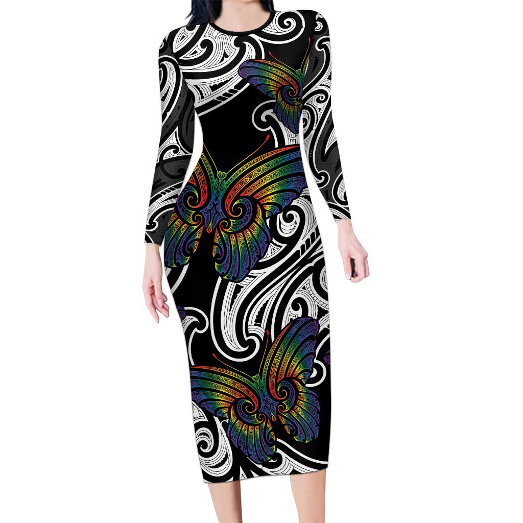 Aotearoa Takatapui Pride Long Sleeve Bodycon Dress Rainbow Butterfly - Free To Love
