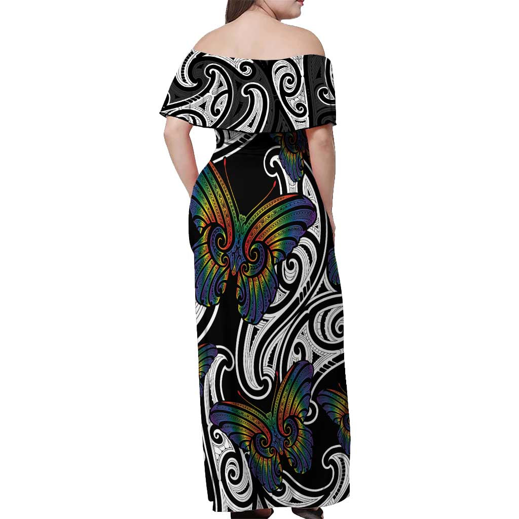 Aotearoa Takatapui Pride Off Shoulder Maxi Dress Rainbow Butterfly - Free To Love