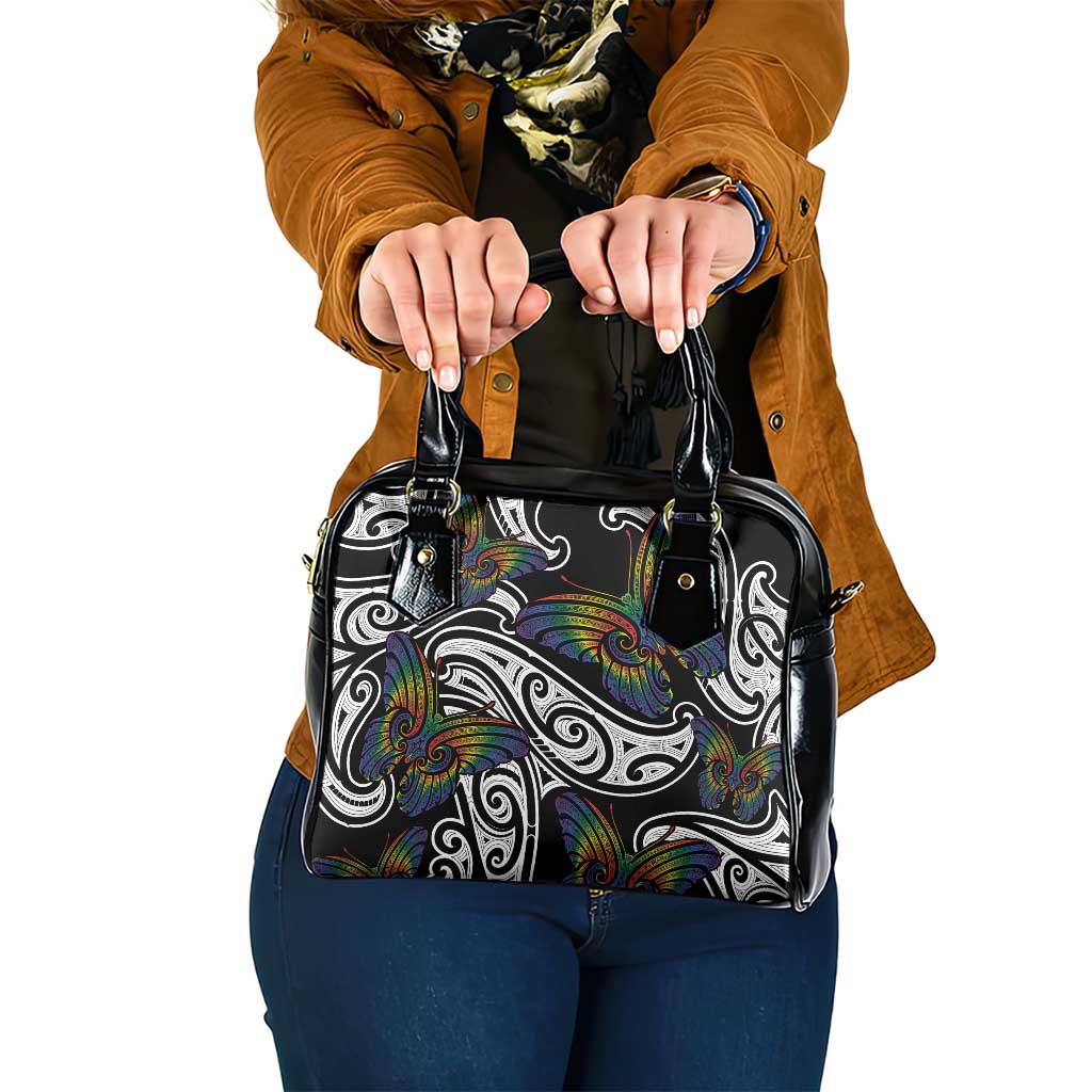 Aotearoa Takatapui Pride Shoulder Handbag Rainbow Butterfly - Free To Love LT7 One Size Black - Polynesian Pride