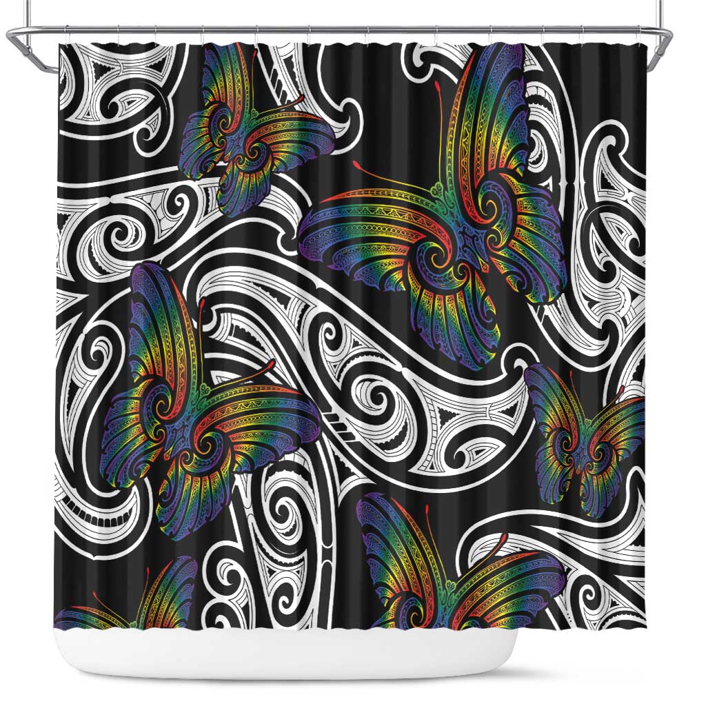 Aotearoa Takatapui Pride Shower Curtain Rainbow Butterfly - Free To Love LT7 Black - Polynesian Pride