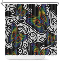 Aotearoa Takatapui Pride Shower Curtain Rainbow Butterfly - Free To Love LT7 Black - Polynesian Pride