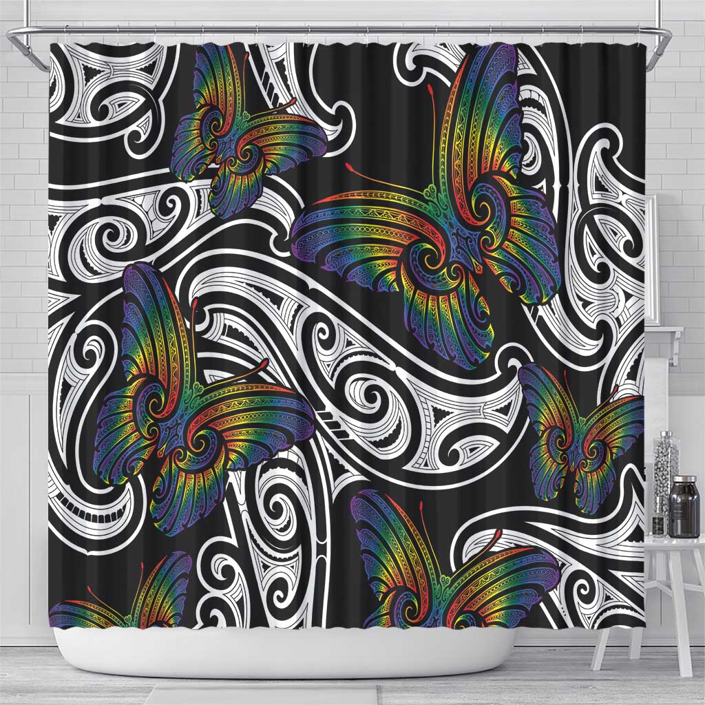 Aotearoa Takatapui Pride Shower Curtain Rainbow Butterfly - Free To Love LT7 - Polynesian Pride
