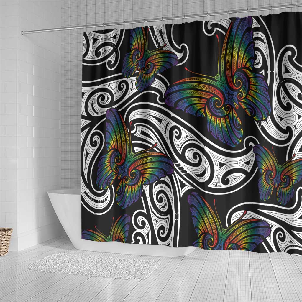 Aotearoa Takatapui Pride Shower Curtain Rainbow Butterfly - Free To Love LT7 - Polynesian Pride