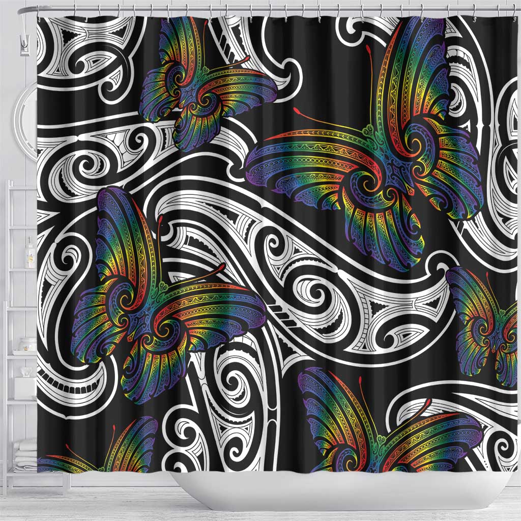 Aotearoa Takatapui Pride Shower Curtain Rainbow Butterfly - Free To Love LT7 - Polynesian Pride