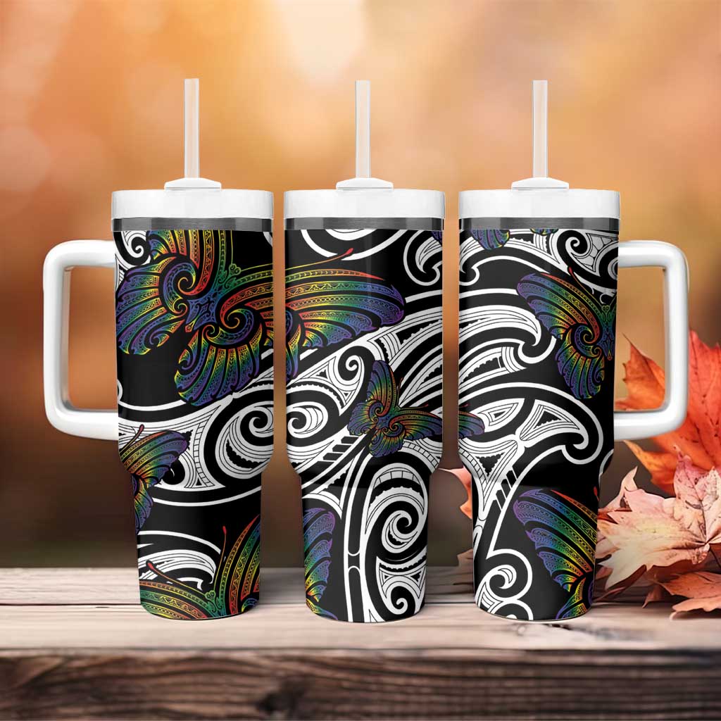 Aotearoa Takatapui Pride Tumbler With Handle Rainbow Butterfly - Free To Love