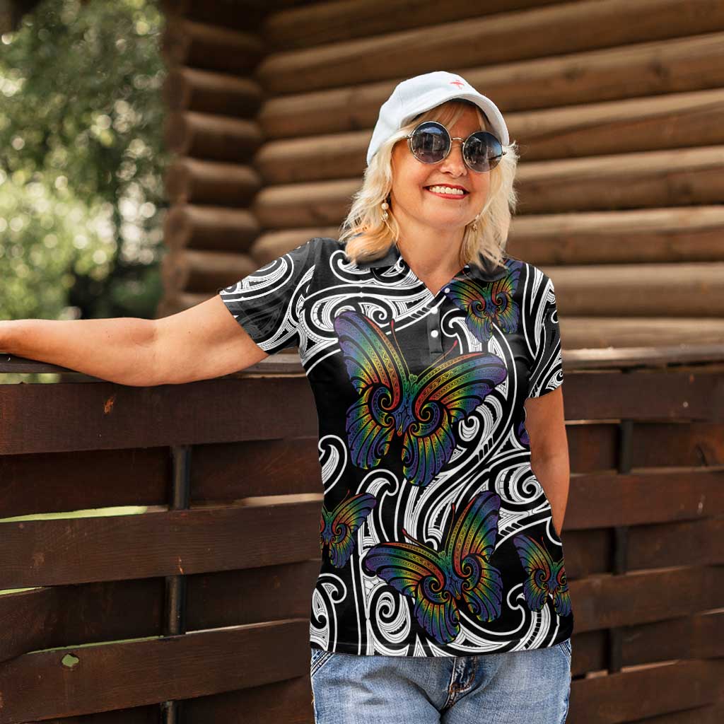 Aotearoa Takatapui Pride Women Polo Shirt Rainbow Butterfly - Free To Love