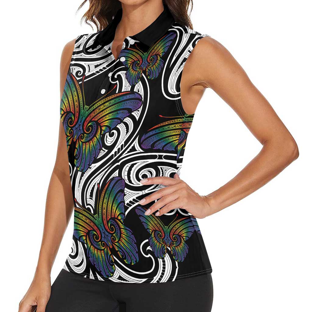 Aotearoa Takatapui Pride Women Sleeveless Polo Shirt Rainbow Butterfly - Free To Love