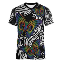 Aotearoa Takatapui Pride Women V-Neck T-Shirt Rainbow Butterfly - Free To Love