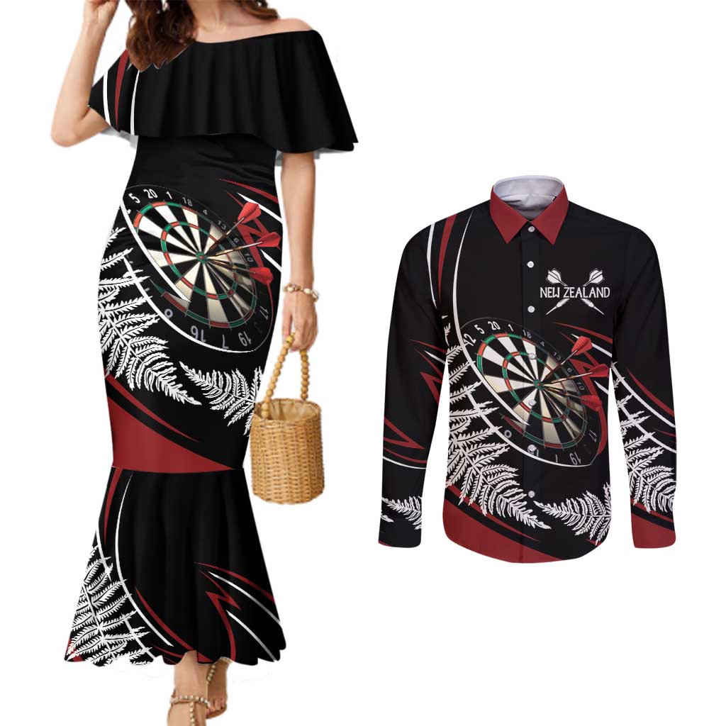 New Zealand Darts Personalised Couples Matching Mermaid Dress and Long Sleeve Button Shirt Silver Fern Dynamic