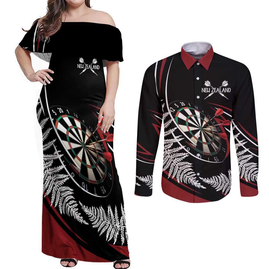 New Zealand Darts Personalised Couples Matching Off Shoulder Maxi Dress and Long Sleeve Button Shirt Silver Fern Dynamic