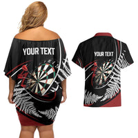 New Zealand Darts Personalised Couples Matching Off Shoulder Short Dress and Hawaiian Shirt Silver Fern Dynamic