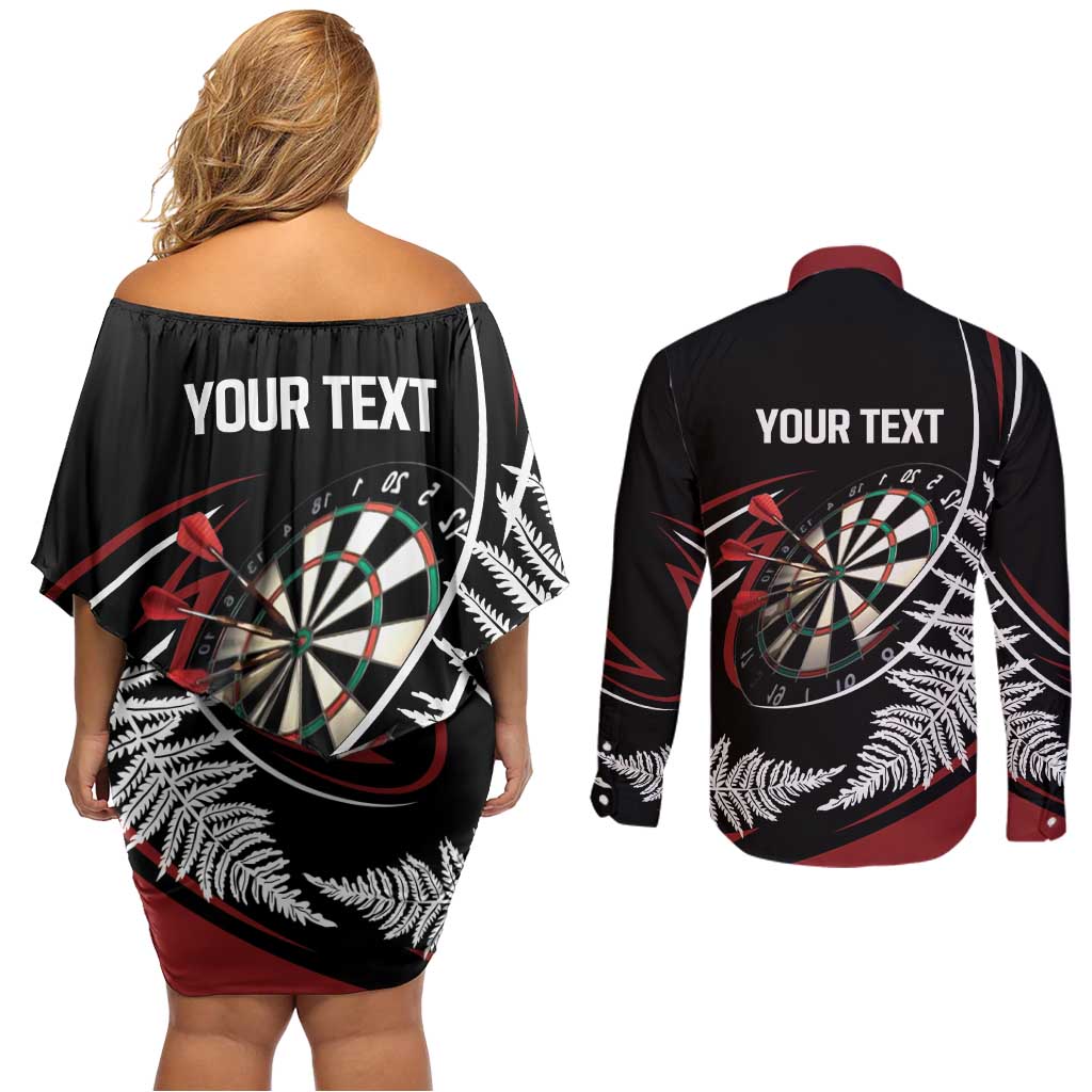 New Zealand Darts Personalised Couples Matching Off Shoulder Short Dress and Long Sleeve Button Shirt Silver Fern Dynamic
