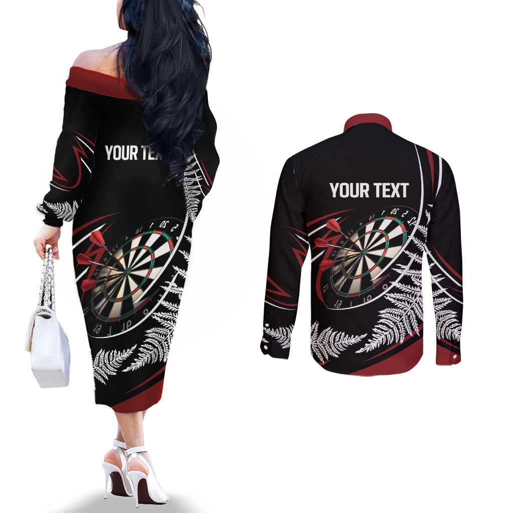 New Zealand Darts Personalised Couples Matching Off The Shoulder Long Sleeve Dress and Long Sleeve Button Shirt Silver Fern Dynamic
