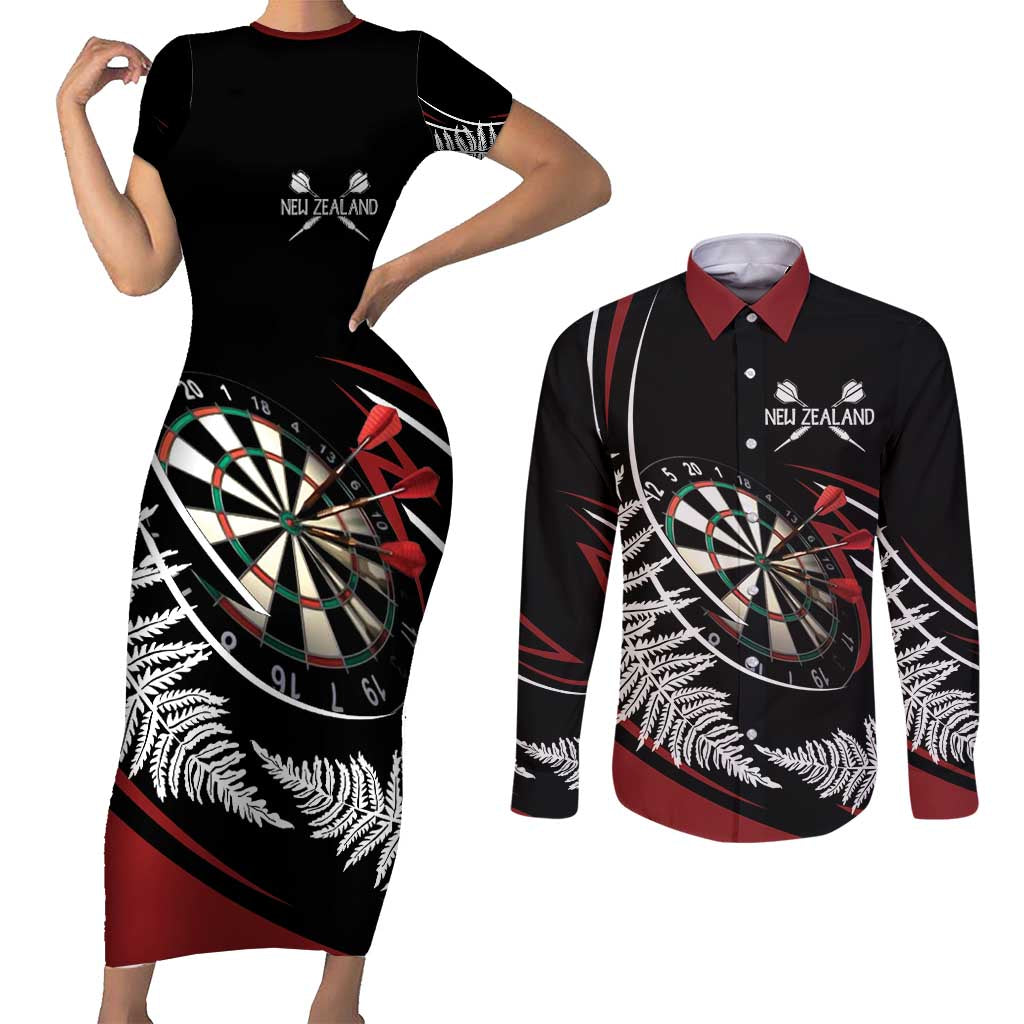 New Zealand Darts Personalised Couples Matching Short Sleeve Bodycon Dress and Long Sleeve Button Shirt Silver Fern Dynamic