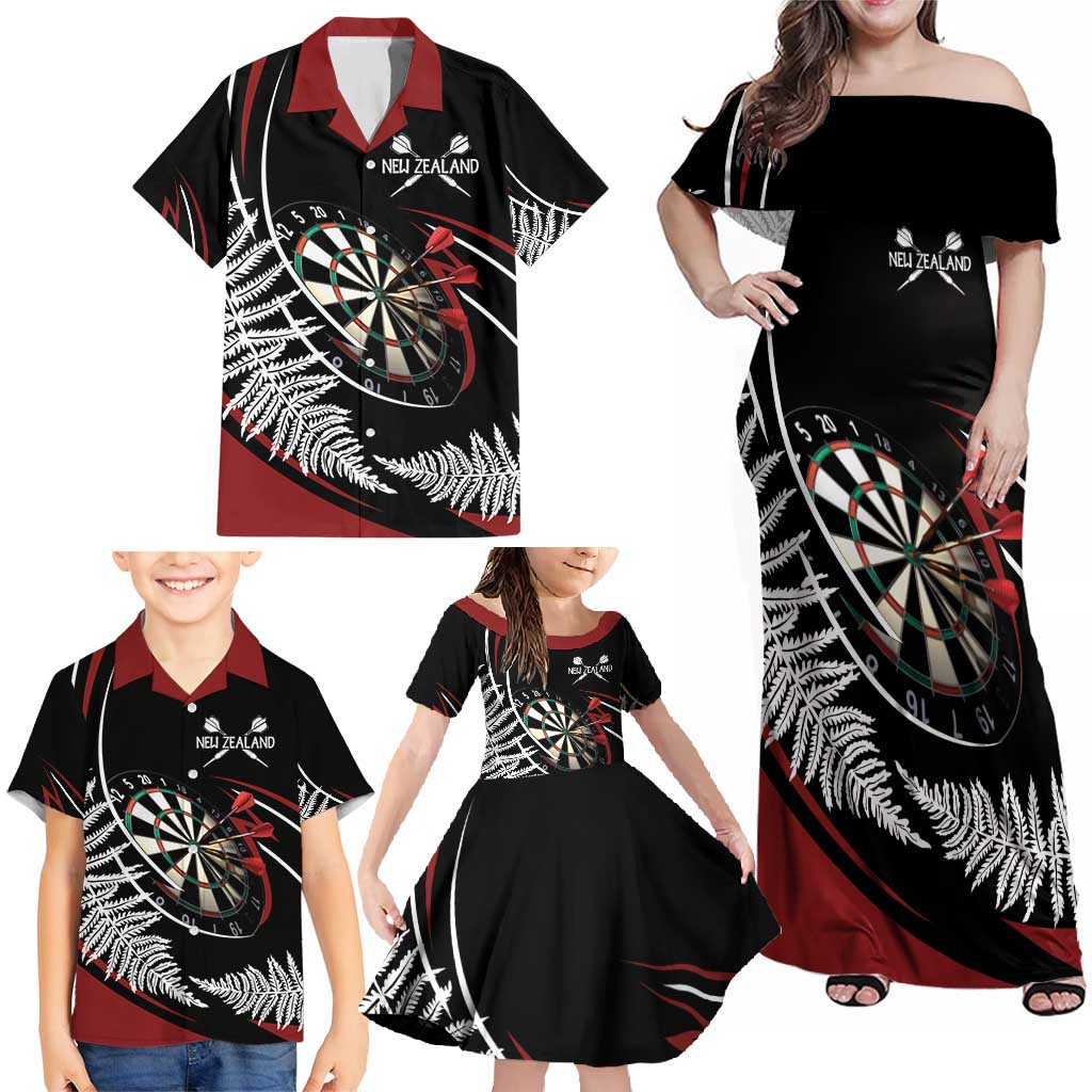 New Zealand Darts Personalised Family Matching Off Shoulder Maxi Dress and Hawaiian Shirt Silver Fern Dynamic