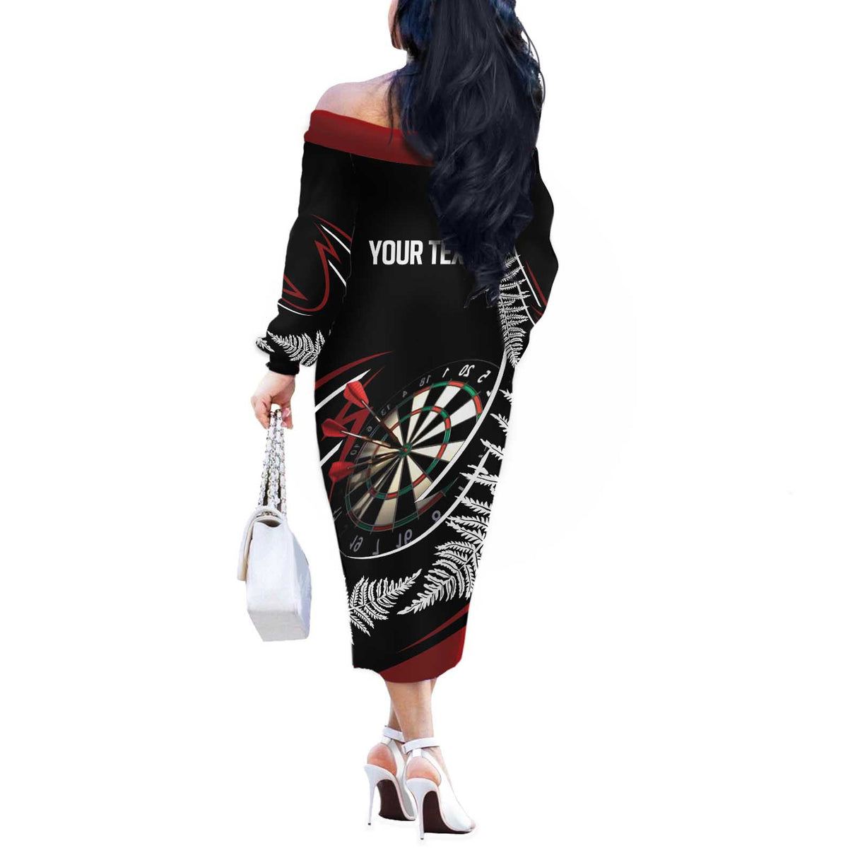 New Zealand Darts Personalised Off The Shoulder Long Sleeve Dress Silver Fern Dynamic