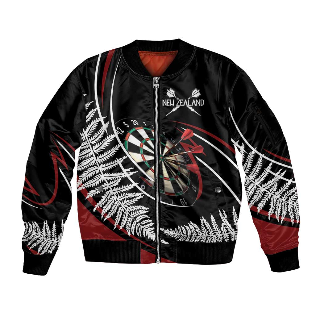 New Zealand Darts Personalised Sleeve Zip Bomber Jacket Silver Fern Dynamic LT7 Unisex Red - Polynesian Pride