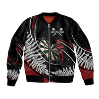 New Zealand Darts Personalised Sleeve Zip Bomber Jacket Silver Fern Dynamic LT7 Unisex Red - Polynesian Pride