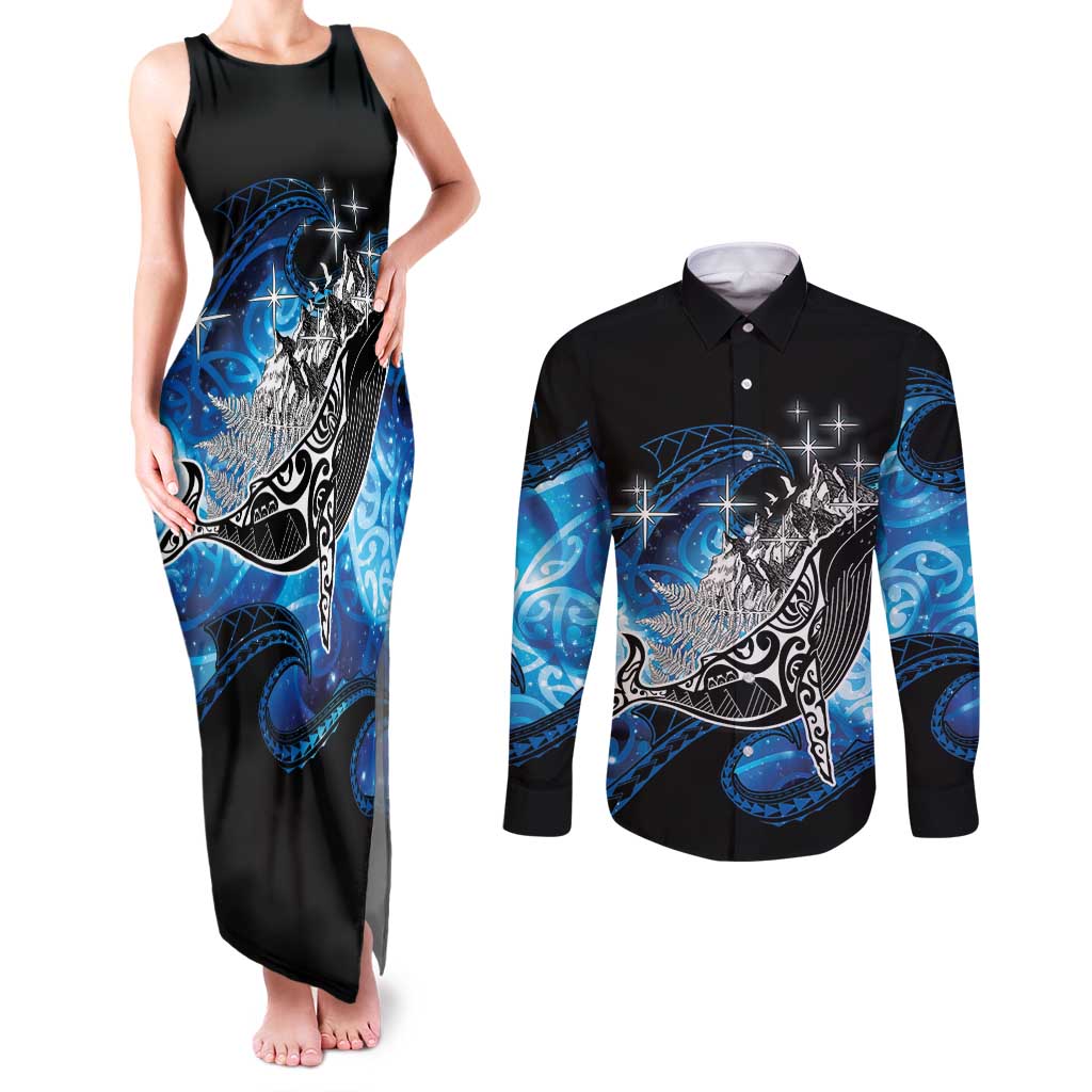 Maori Matariki Te Araroa Paikea Starry Couples Matching Tank Maxi Dress and Long Sleeve Button Shirt Tangaroa Whakatauki