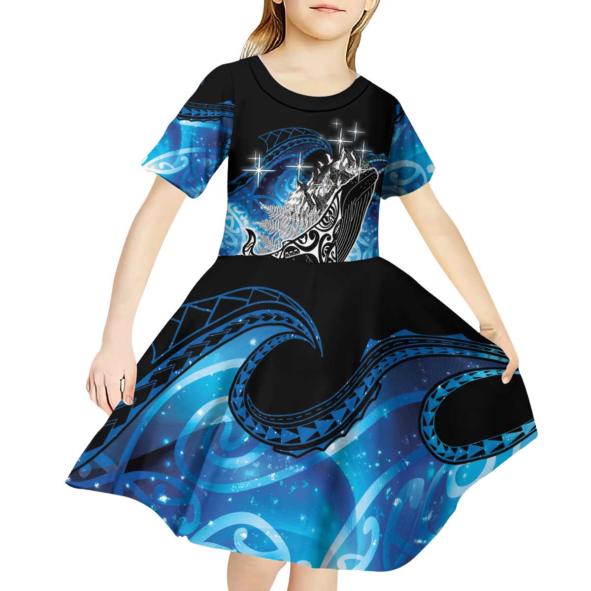 Maori Matariki Te Araroa Paikea Starry Kid Short Sleeve Dress Tangaroa Whakatauki LT7 - Polynesian Pride