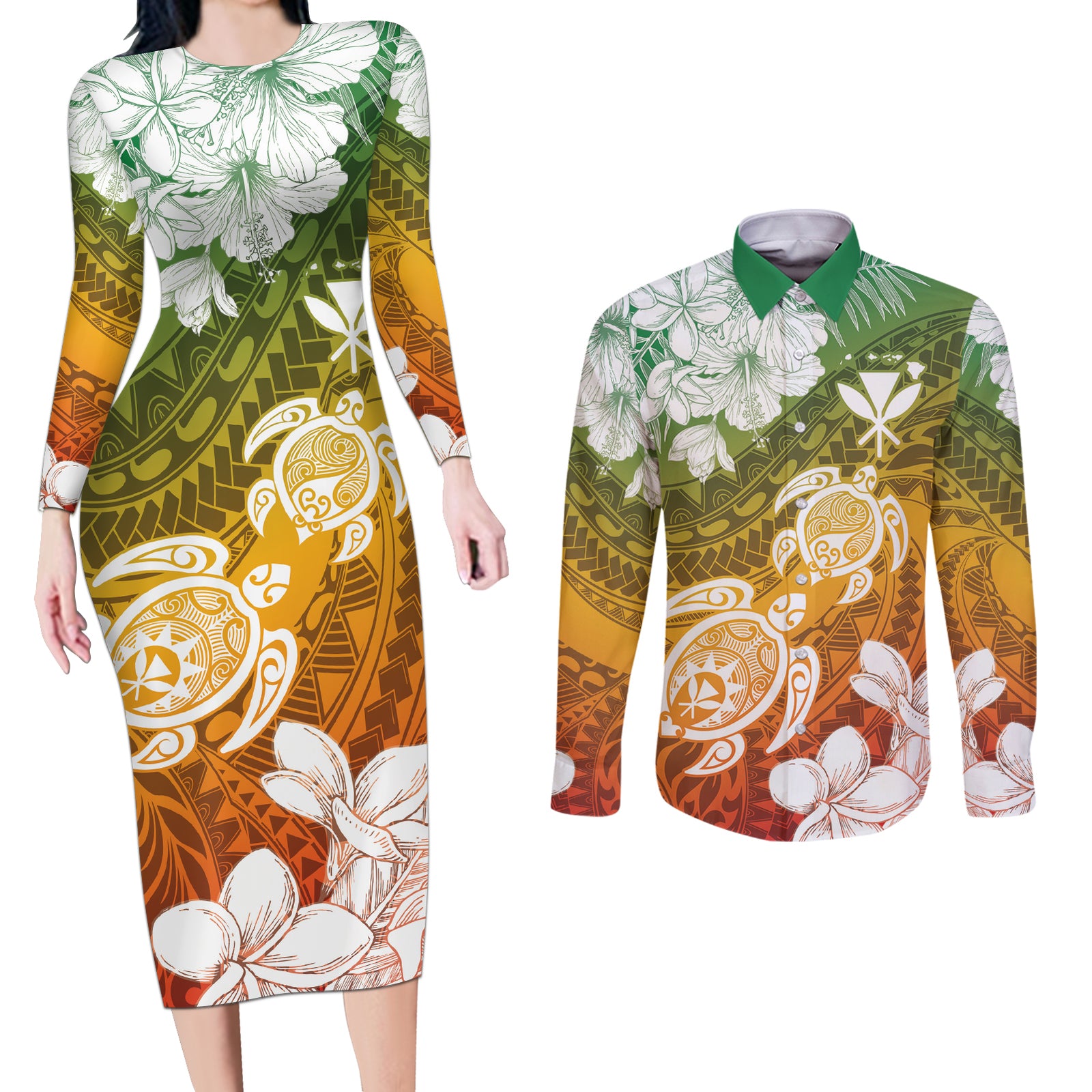 Kanaka Maoli Hawaii Flag Day Couples Matching Long Sleeve Bodycon Dress and Long Sleeve Button Shirt Vibrant Frangipani LT7 Colorful - Polynesian Pride