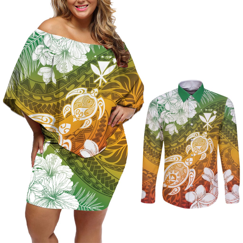 Kanaka Maoli Hawaii Flag Day Couples Matching Off Shoulder Short Dress and Long Sleeve Button Shirt Vibrant Frangipani LT7 Colorful - Polynesian Pride