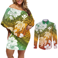 Kanaka Maoli Hawaii Flag Day Couples Matching Off Shoulder Short Dress and Long Sleeve Button Shirt Vibrant Frangipani