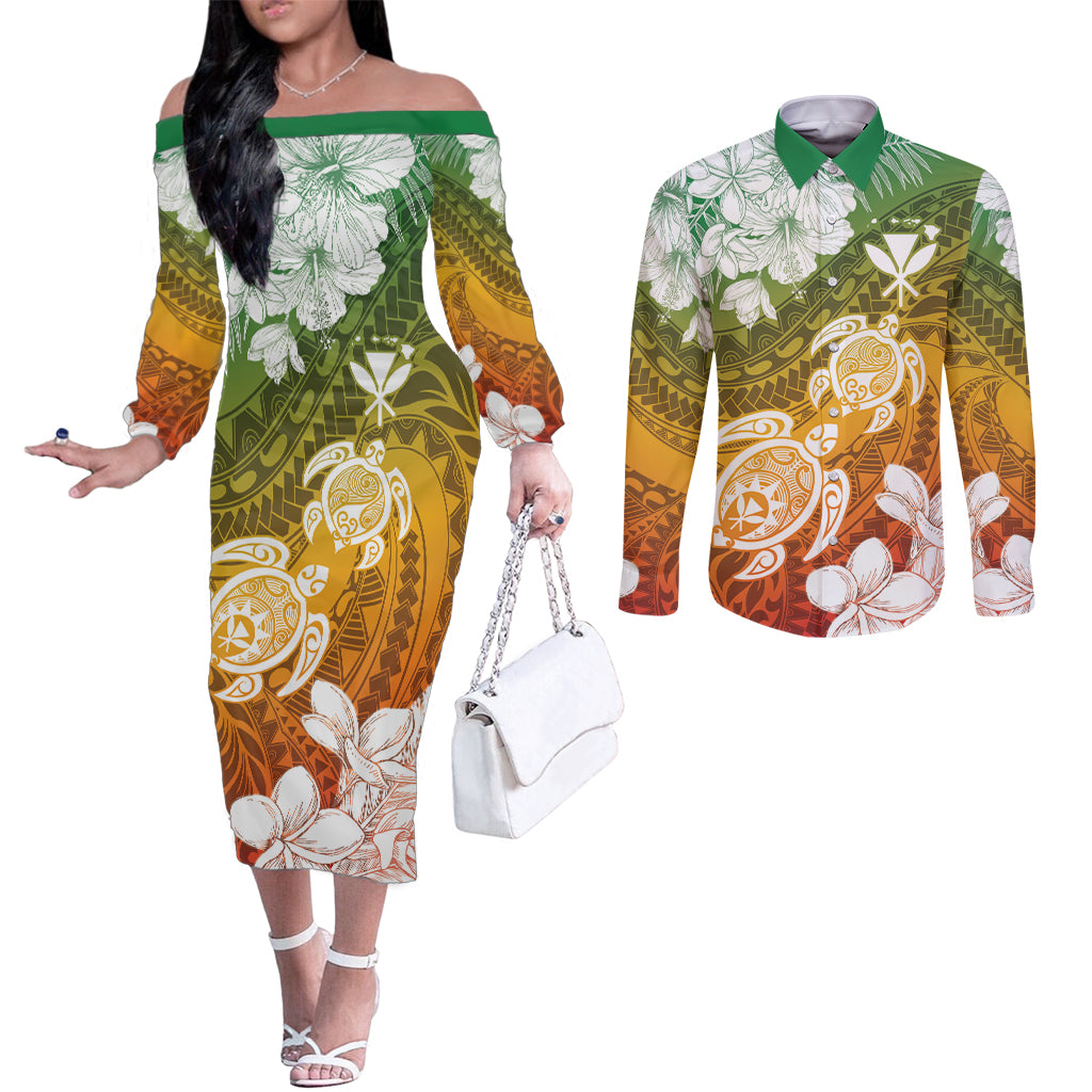 Kanaka Maoli Hawaii Flag Day Couples Matching Off The Shoulder Long Sleeve Dress and Long Sleeve Button Shirt Vibrant Frangipani LT7 Colorful - Polynesian Pride