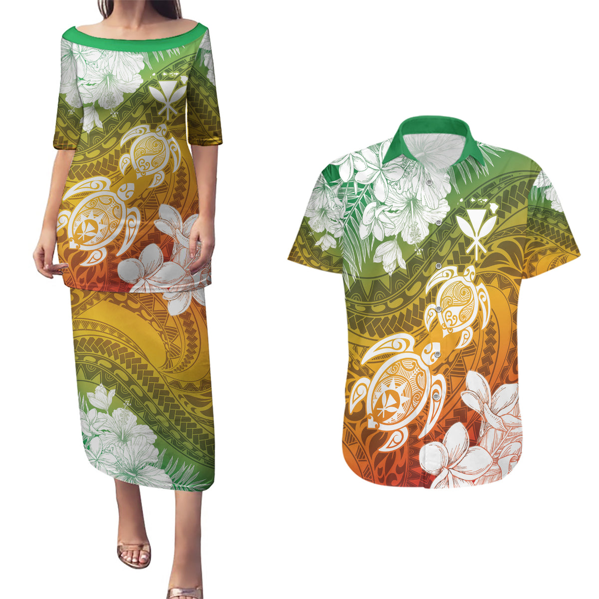Kanaka Maoli Hawaii Flag Day Couples Matching Puletasi and Hawaiian Shirt Vibrant Frangipani