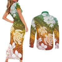 Kanaka Maoli Hawaii Flag Day Couples Matching Short Sleeve Bodycon Dress and Long Sleeve Button Shirt Vibrant Frangipani