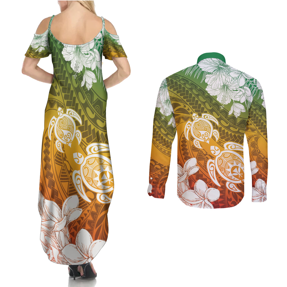 Kanaka Maoli Hawaii Flag Day Couples Matching Summer Maxi Dress and Long Sleeve Button Shirt Vibrant Frangipani