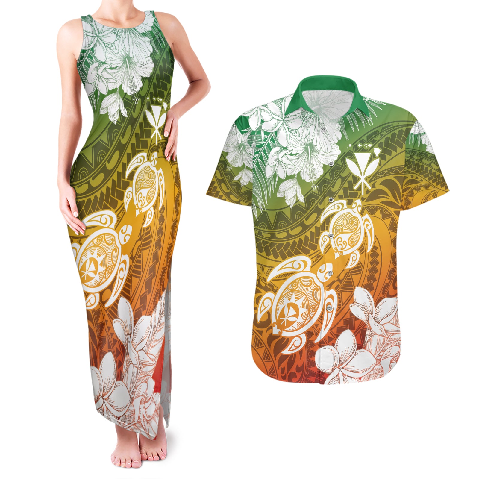 Kanaka Maoli Hawaii Flag Day Couples Matching Tank Maxi Dress and Hawaiian Shirt Vibrant Frangipani LT7 Colorful - Polynesian Pride