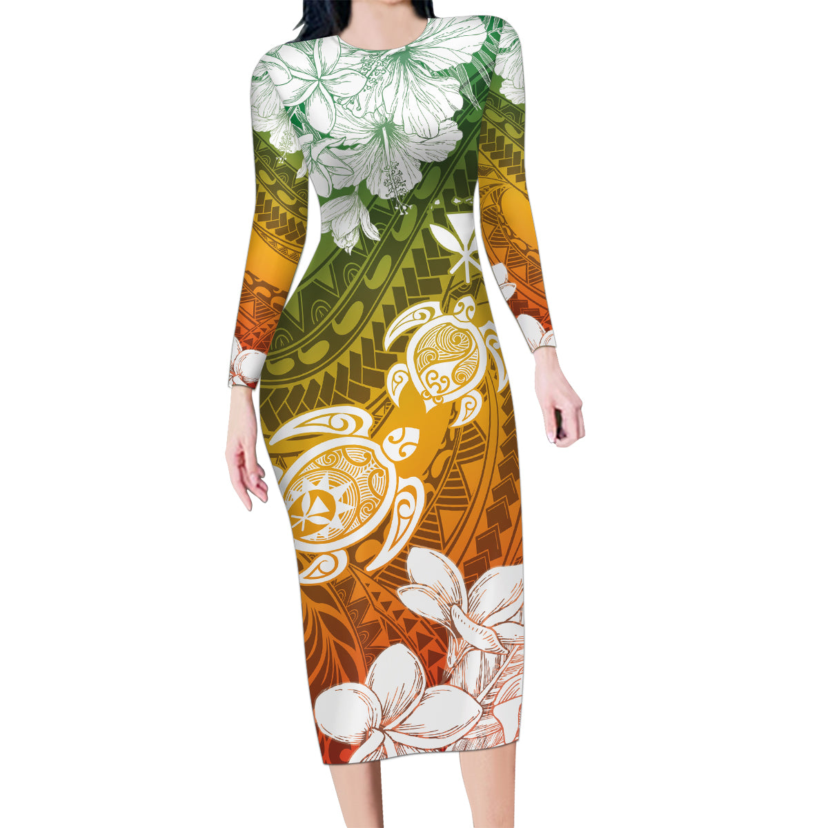 Kanaka Maoli Hawaii Flag Day Family Matching Long Sleeve Bodycon Dress and Hawaiian Shirt Vibrant Frangipani