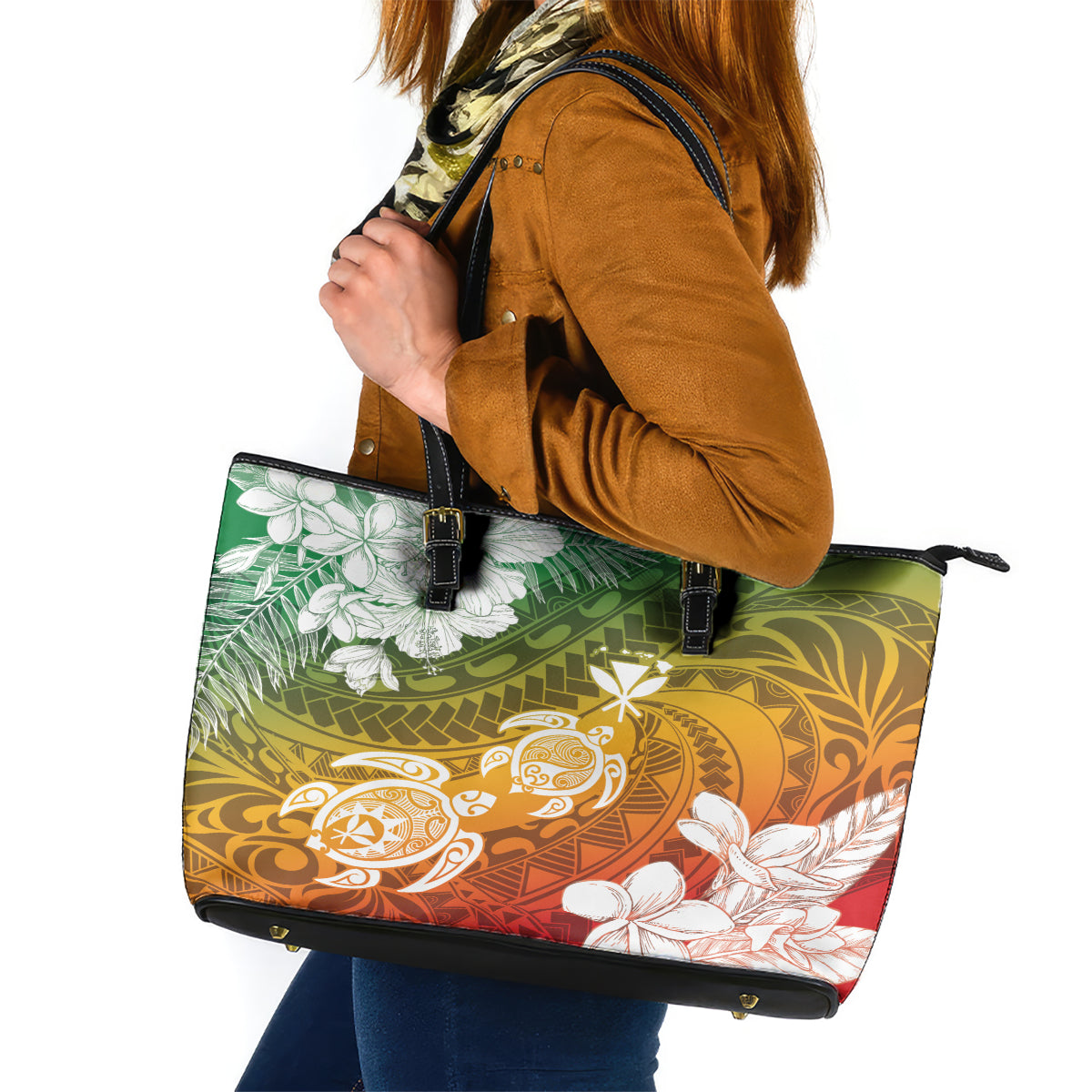 Kanaka Maoli Hawaii Flag Day Leather Tote Bag Vibrant Frangipani LT7 Colorful - Polynesian Pride