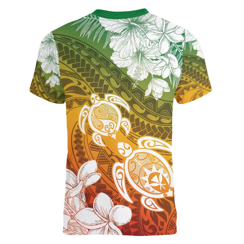 Kanaka Maoli Hawaii Flag Day Women V-Neck T-Shirt Vibrant Frangipani