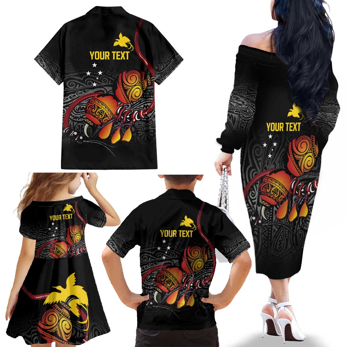 Personalized Papua New Guinea Milne Bay Family Matching Off The Shoulder Long Sleeve Dress and Hawaiian Shirt Bagi Necklace Mix Lime Pot Grunge